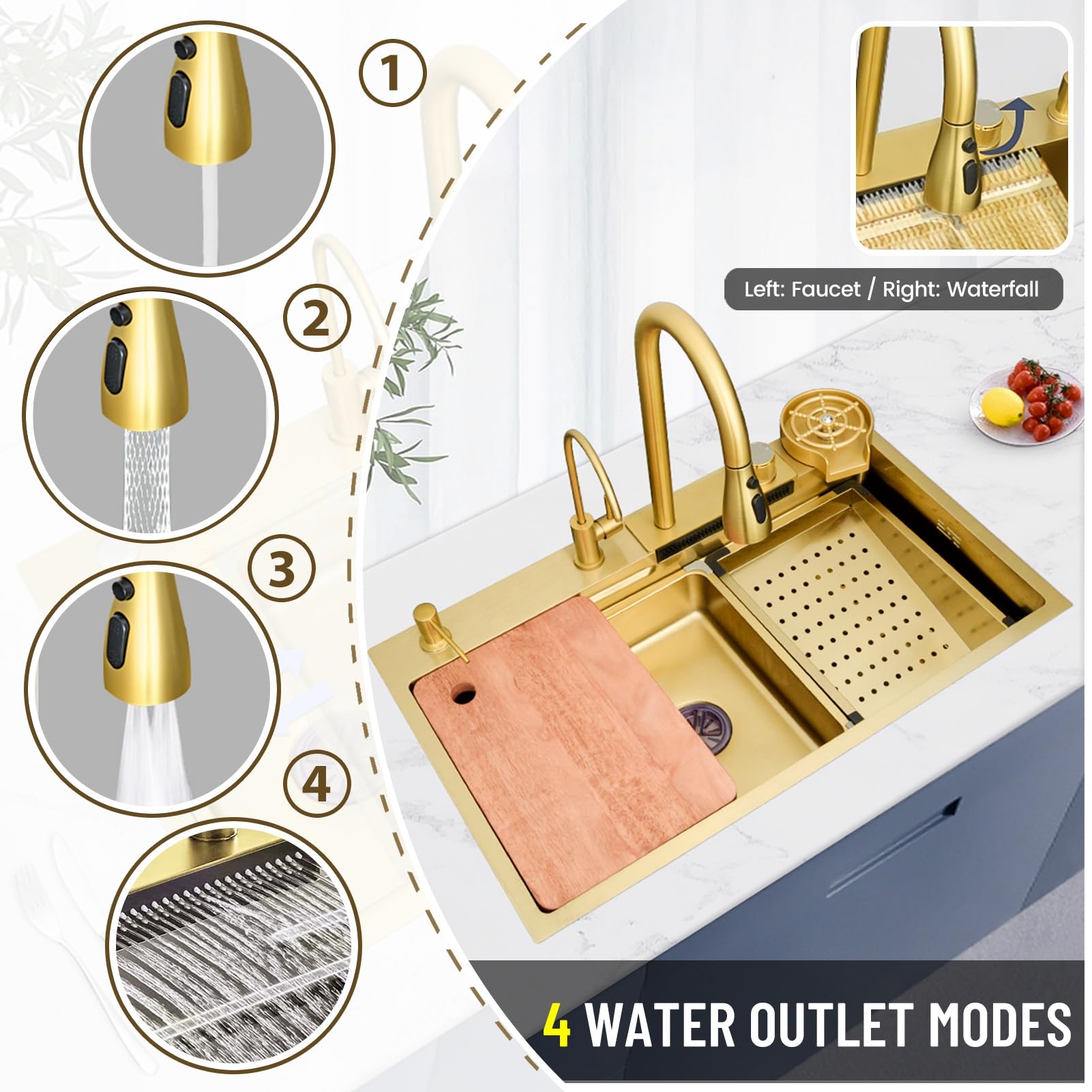 Fregadero de Cocina Grande con escurridor, Fregadero de un Solo Seno para encimera, para instalación empotrada, Acero Inoxidable Essential, Incluye Kit de desagüe Completo (Dorado,