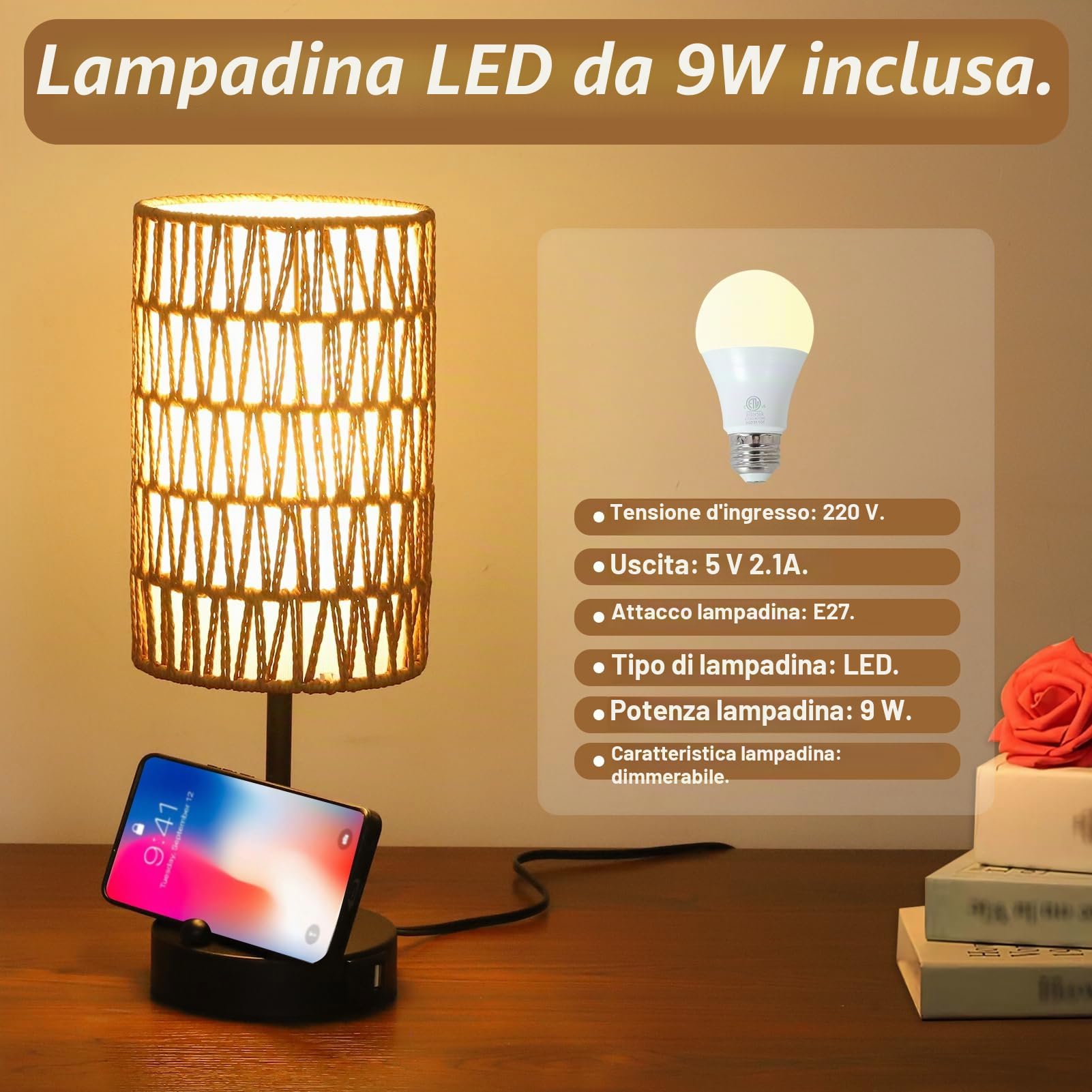 Rayofly Set di 2 Lampade da Comodino, Lampada da Letto Dimmerabile a Tocco con Funzione di Ricarica Porte USB A+C, Lampada da Tavolo Vintage con Paralume in Rattan e Lampadina LED per Camera da Letto
