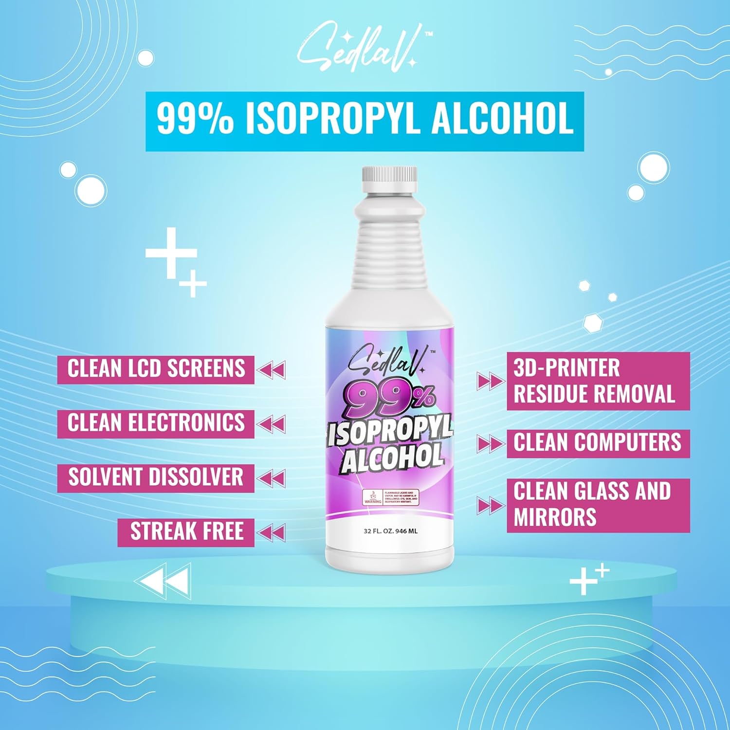 SEDLAV Isopropyl Alcohol 99% Rubbing Alcohol 99 Percent Purity 32 Fl Oz (4)