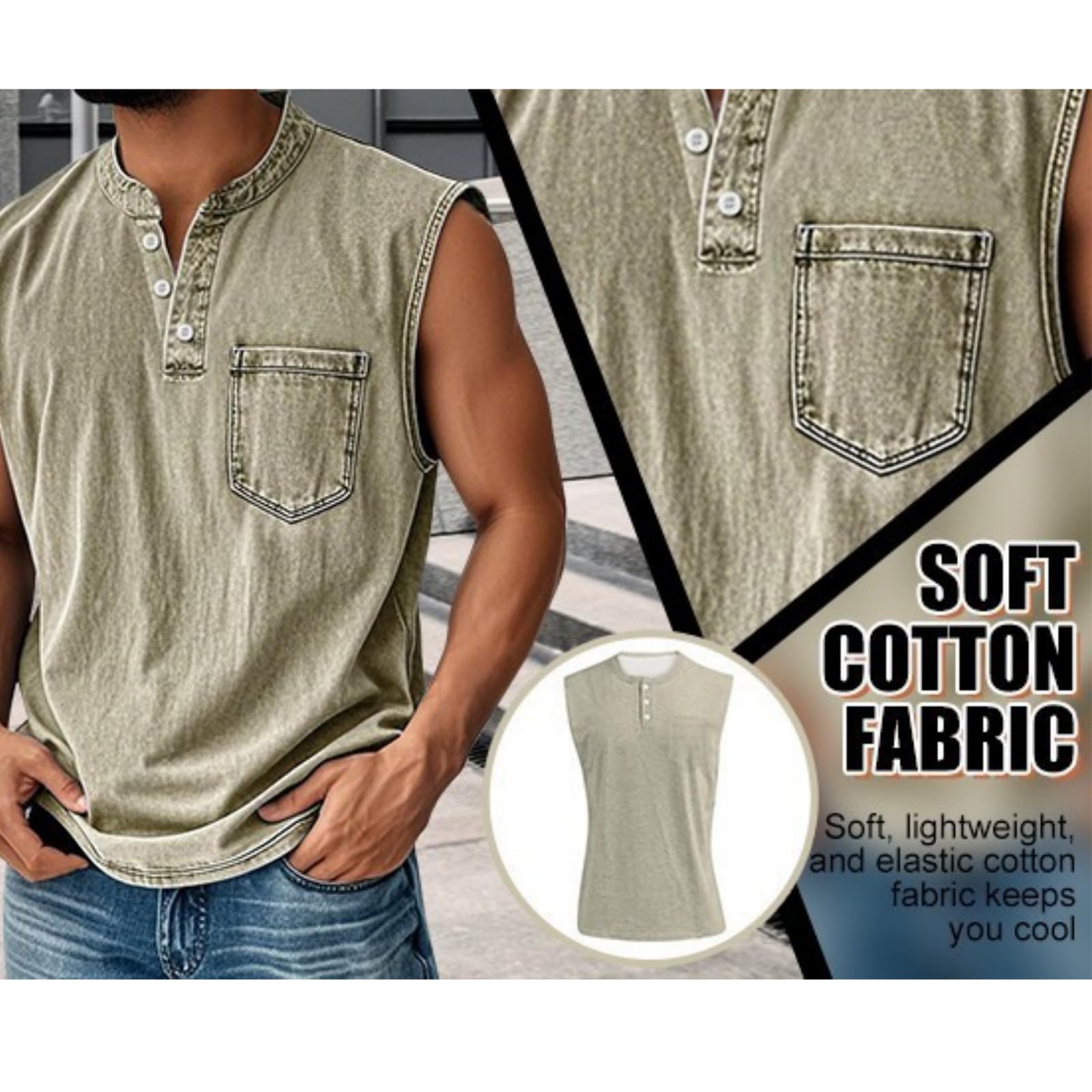 Generisch Canotta da Uomo dal Look Vintage – Senza Maniche, con Colletto e Scollo a V, abbottonatura Completa e Tasche.