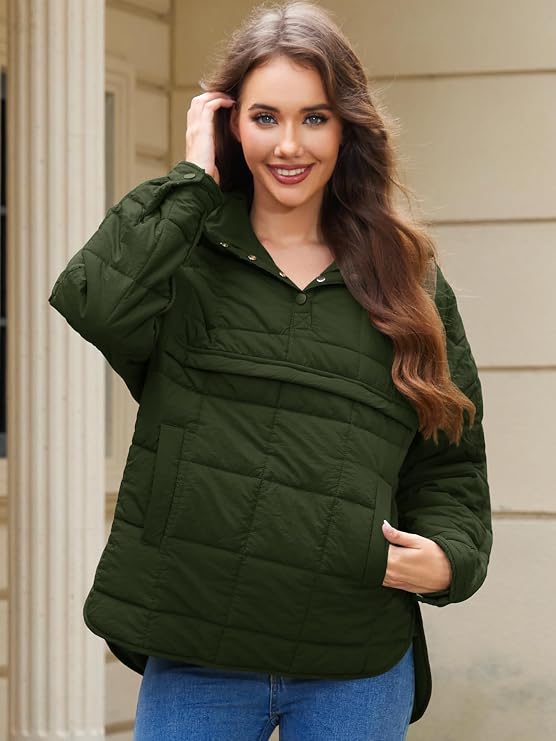 Womens's Lightweight Down Coat Long Sleeve Button Quilted Pullover Puffer Jacket Packable Hooded Winter Coat