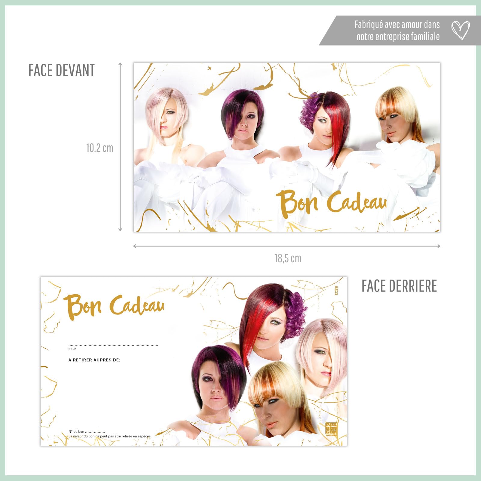 POS BON - 100 bons cadeaux à remplir avec enveloppe/nœud ruban - formulaires imprimés pour des salons de coiffure K1299F-2-100-V1
