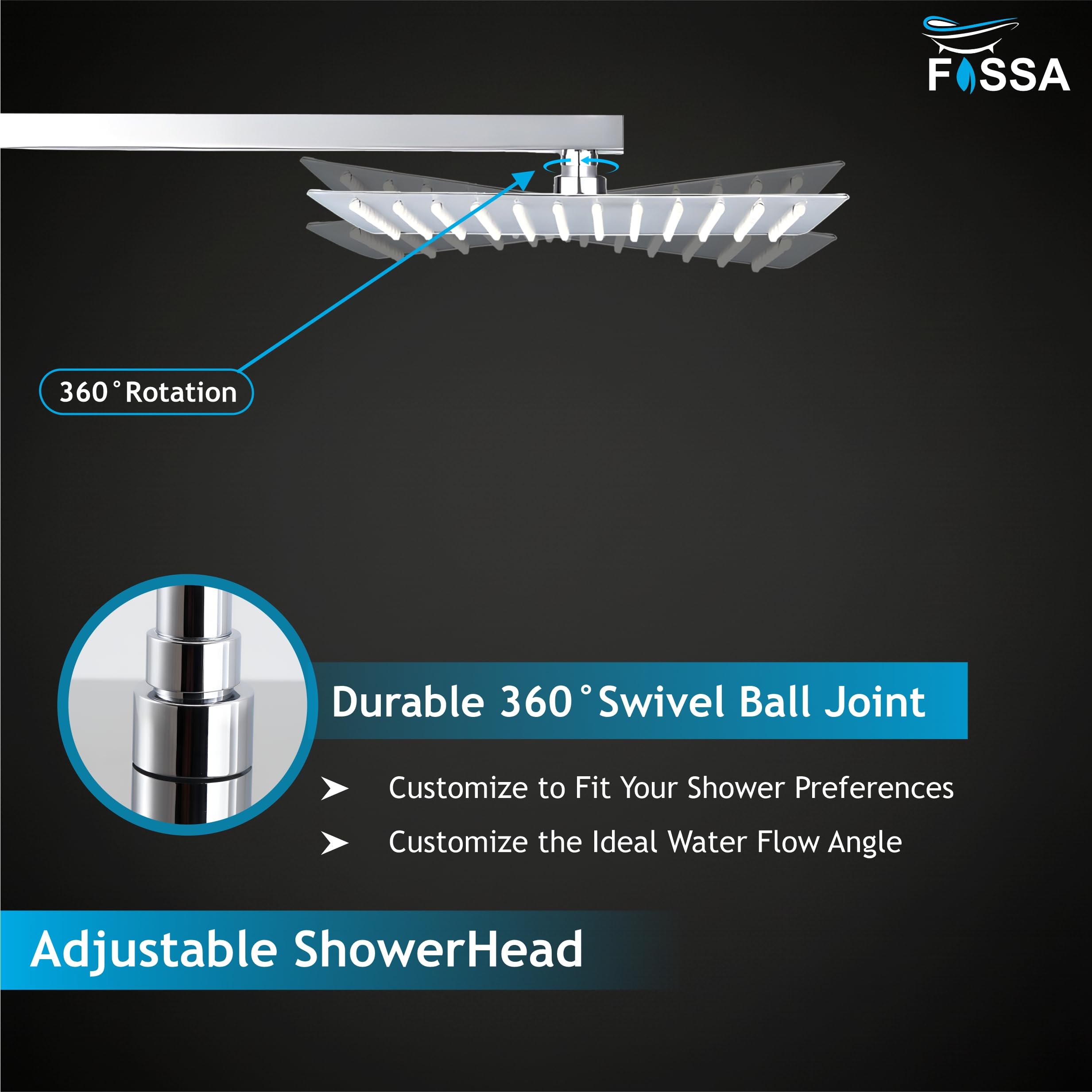 Fossa Ultra 12x12 Inch 1-Year Warranty Rain Shower Head, Square High Pressure Overhead Shower, 304 Stainless Steel, Luxury Bathroom Rainfall Shower, Chrome Finish (With Arm Set 24" Inch) 4