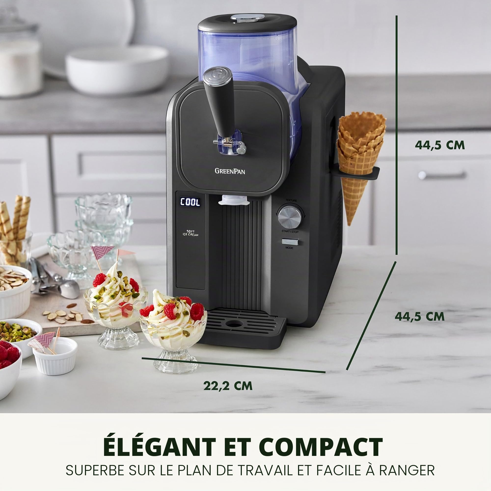 GreenPan Frost Sorbetière & Machine à Slushie, Glace Italienne, Sorbet, Milkshakes, Yaourt Glacé, Sans Pré-congélation, Prête en 15 Min, 15-en-1, 6 Modes, 7 Textures, Autonettoyante, Gris