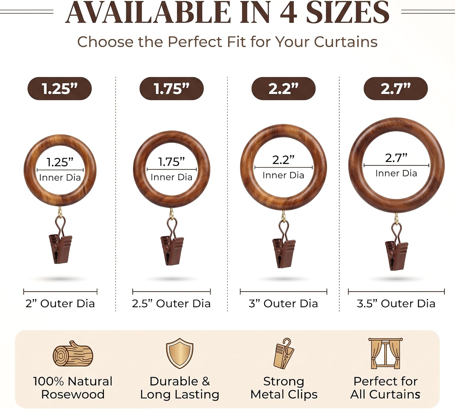 50 Pieces Large Wooden Drapery Curtain Rod Rings with Clips for 2 inch to 2.5 inch Rod Pole, 2.7 inch Inner Diameter, Natural Rosewood (50, 2.7 INCH Inner Dia)