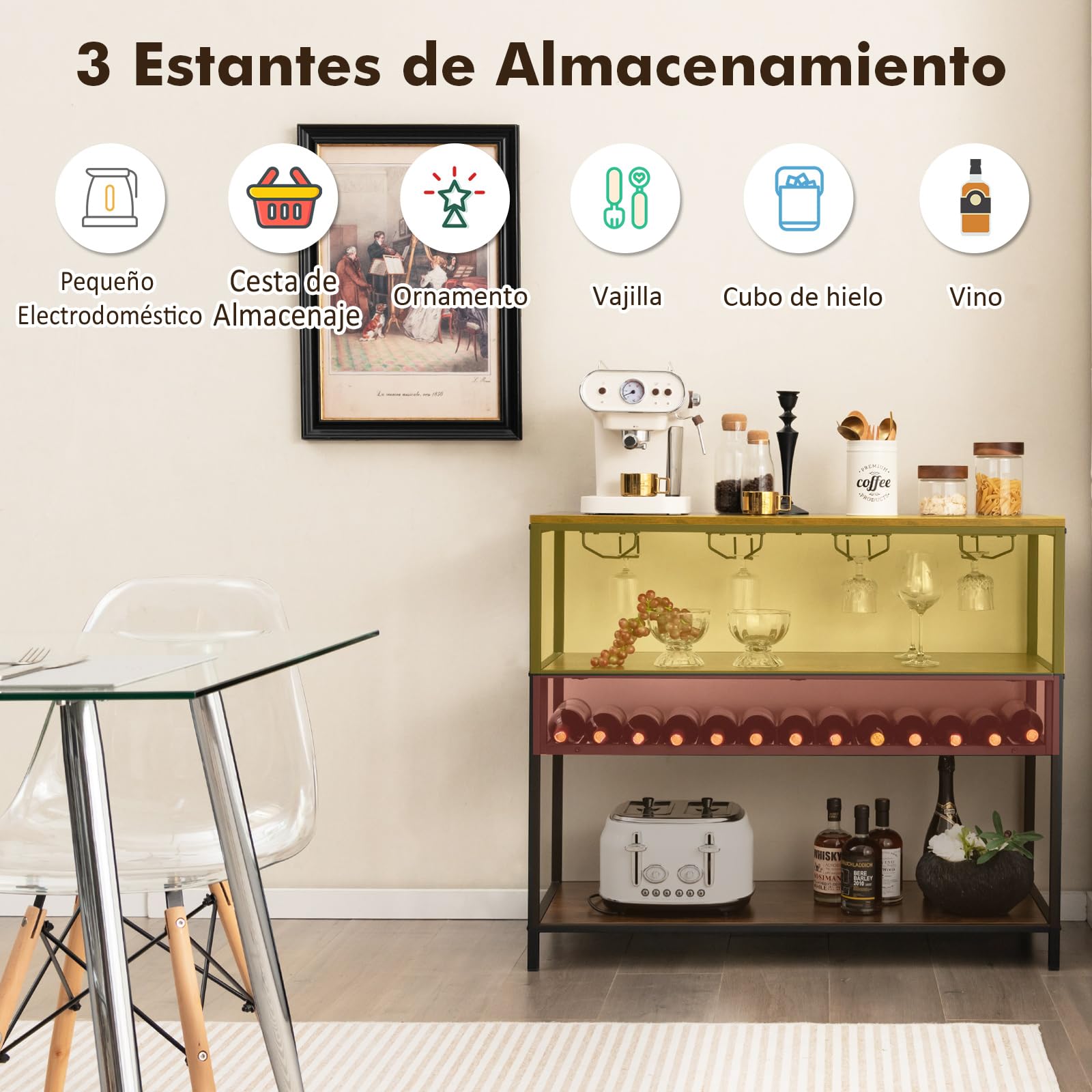 COSTWAY Estante Botellero Vino, Mueble Bar Industrial con Botellero y 4 Filas de Soportes para Vasos, Amplio Tablero y Estantes Abiertos, Armario Independiente para Vinos en Cocina, Comedor, Buffet