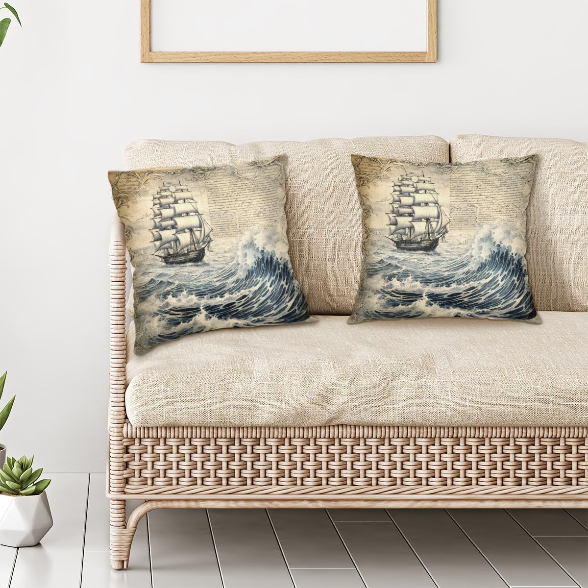 Vintage Ocean Ship Pillow Covers 16 x 16 Inch Set of 2, Throw Pillow Covers Set Cushion Case Decorative Square Linen Pillowcases for Sofa Bed Couch Living Room Car