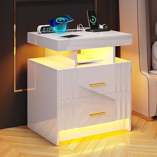 Miniatura 7 de SKKTKT Mesita de noche con estación de carga, mesita de noche LED blanca con 2 cajones, mesa de noche de alto brillo con sensor automático de luces