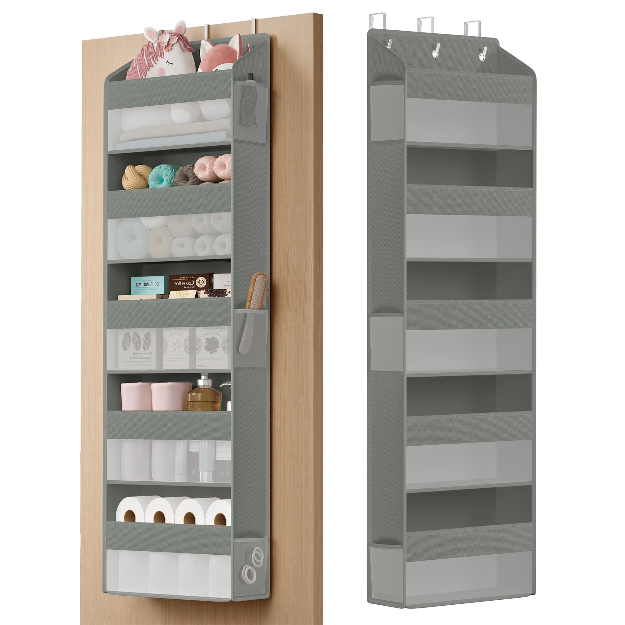 SONGMICS Over-the-Door Organiser, 5-Compartment Foldable Hanging Shelf, Door Hanging Storage Organiser, Metal Hooks, Transparent, Side Pockets, Dove Grey RDH010GD01