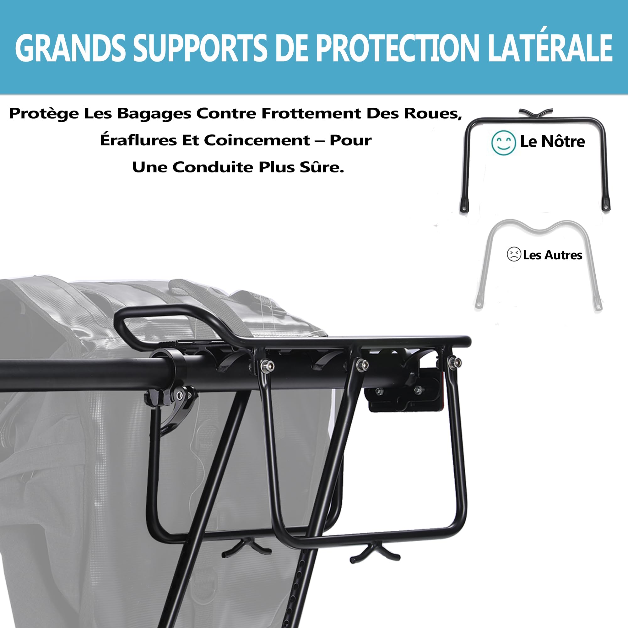 Porte-vélo arrière, Porte-bagages pour vélo, Coussinet souple suspendu, Grands supports de protection et réfléchissants, Réglable, Universel, Convient aux cadres de vélo de 24" à 29", BCR09-EU