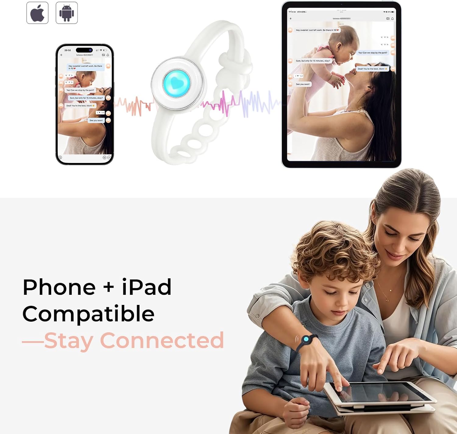 TOTWOO Long Distance Touch Bracelets for Love, Vibration & Light Up Pairing Bracelets, Gifts for Mother-Daughter, Sisters, Women's Fashion Smart Jewelry, One-to-One Bluetooth Pairing via App