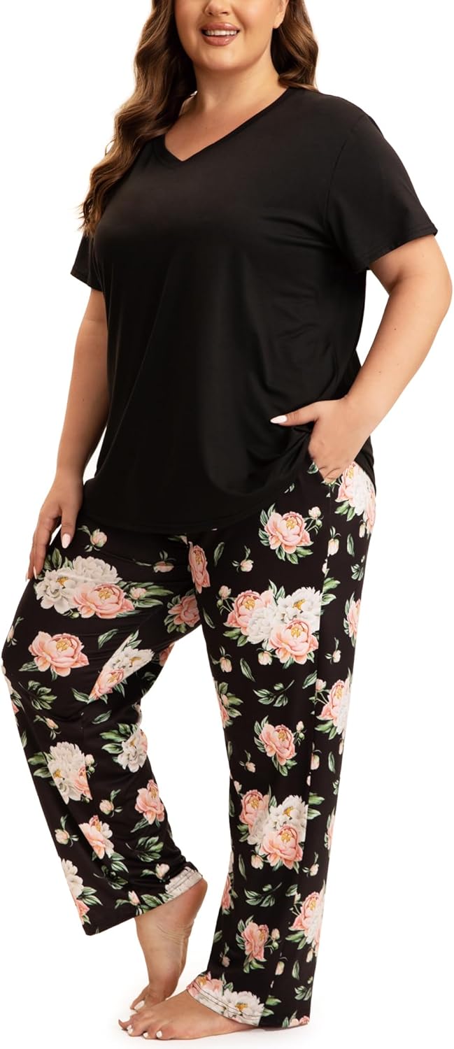 Plus Size Pajamas for Women Set, Womens Short Sleeve Tops and Long Pants Soft Pjs Lounge Sets with Pockets - Image 3