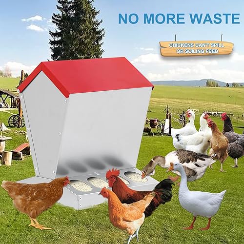 Miniatura 6 de Hwedra Comedero galvanizado para pollos de 25 libras, alimentador de metal resistente a la intemperie para aves de corral, alimentador de gallinero