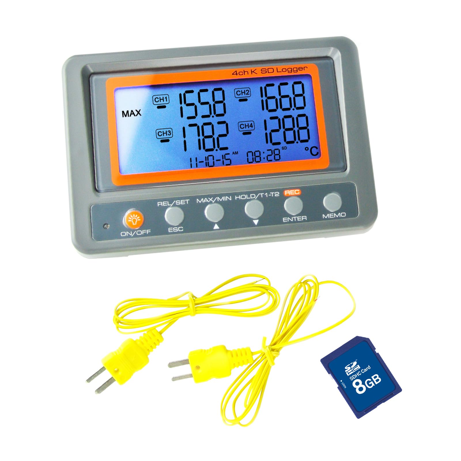 Gain Express 4 Kanäle K-Typ Thermoelement Temperatur-Datenlogger Recorder mit SD-Karte, hohe Genauigkeit, großes LCD-Display, hoher/niedriger Alarm