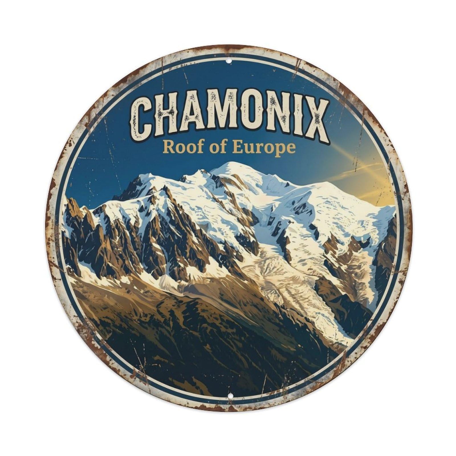 Vintage Travel Mont Blanc Chamonix Metal Tin Sign Plaque Wall Decor for Cafe, Club Bar, Office, Home Garden Round Metal Poster 8x8Inch