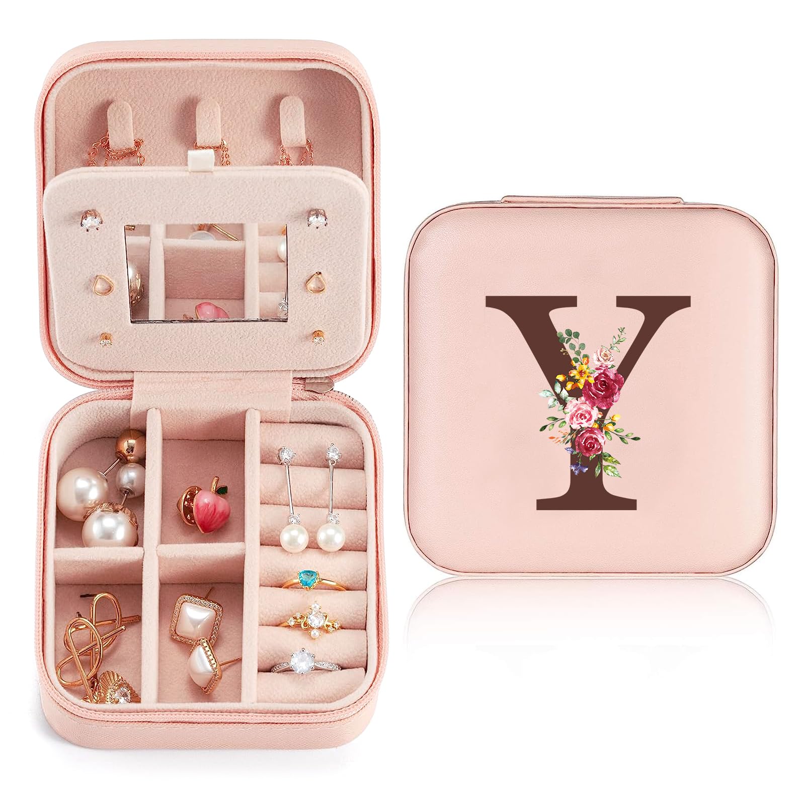 Sinekong Portagioie con Lettera Iniziale Y,Piccoli Scatola Portagioie da Viaggio con Specchio,Mini Porta Gioielli Donna,Gioielli Pelle PU Portagioie Organizer Regalo di Compleanno per Donne Ragazze