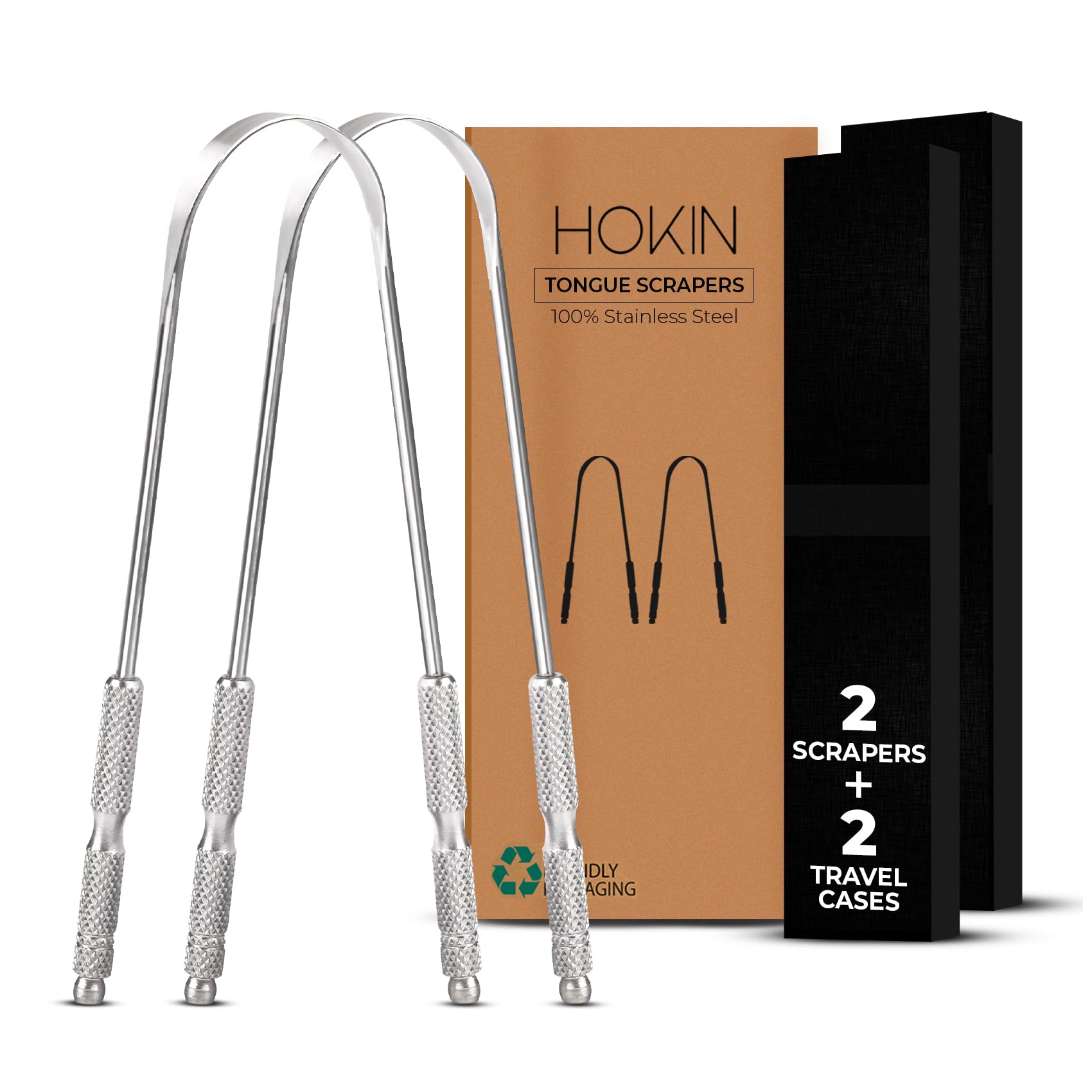 HOKIN Tongue Scraper for Adults by (2Pcs Oral Care Pack) Stainless Steel Tongue Cleaners Reduce Bad Breath 100% Metal Tough Scrapers Men and Women Hygiene Product