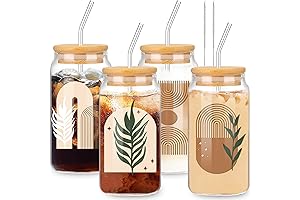 Whaline Boho Cup with Rainbow Green Plant Patterns, 4-Pack Boho Drinking Glasses with Bamboo Lids