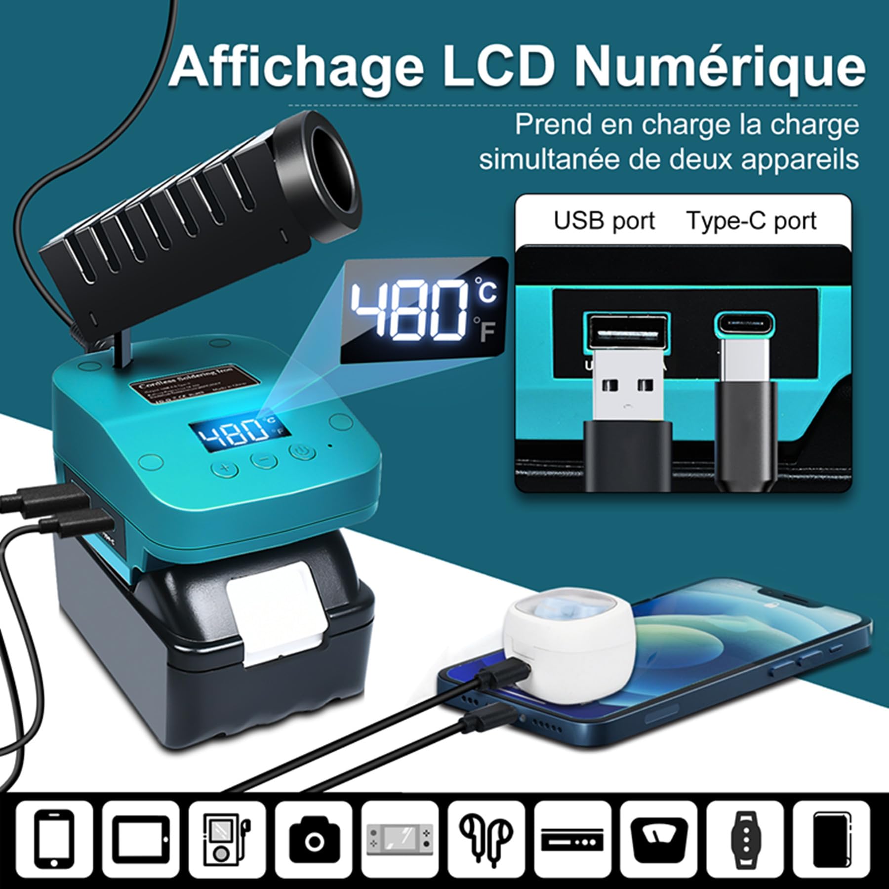 de fer à Souder sans fil Compatible Avec Batterie Makita 18V, de Soudure Portable Avec écran LCD, Conversion de Température C°/F°, ports USB &Type-C pour Bricolage, Réparation D'appareils, Bleu