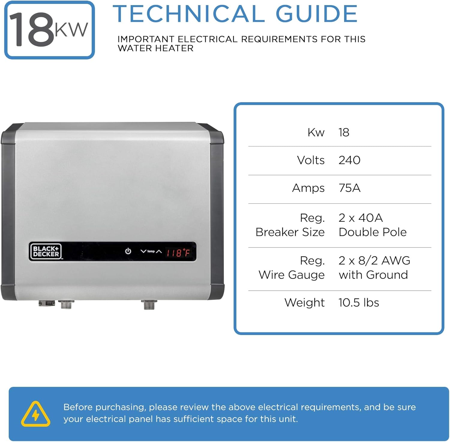 BLACK+DECKER Black and Decker 18 kW 3.7 GPM Electric Tankless Water Heater, Digital Self Modulating Hot Water Heater Electric : Everything Else