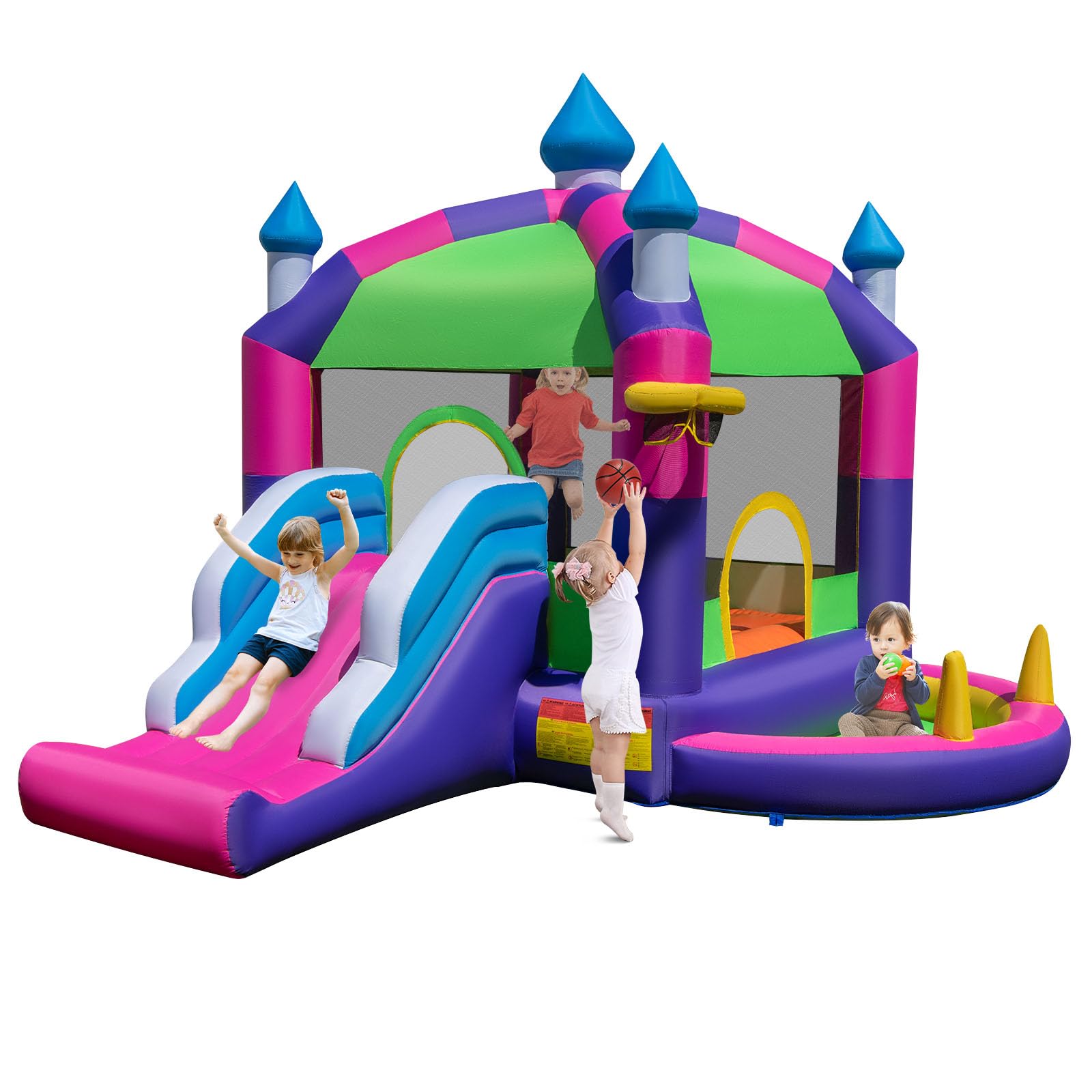 COSTWAY Castillo Hinchable Grande, 5 en 1 Castillo Hinchable, Piscina de Bolas Castillo Hinchable para Niños 3-10 Años, Insuflavel Criança Interior Exterior, 378 x 469 x 250 cm (sin soplador)
