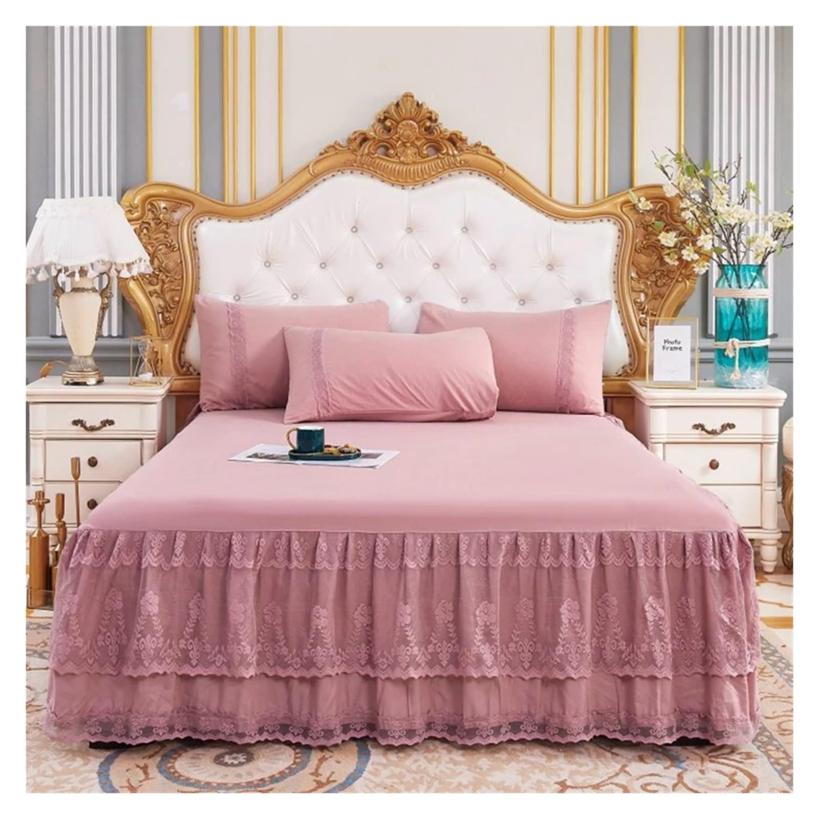 Bed Skirt Pillowcase Bed Set Ruffle Three Layers Lace Bedspreads Sheet Soft Fitted Sheet Cover(8,200x220cm 3pcs set)