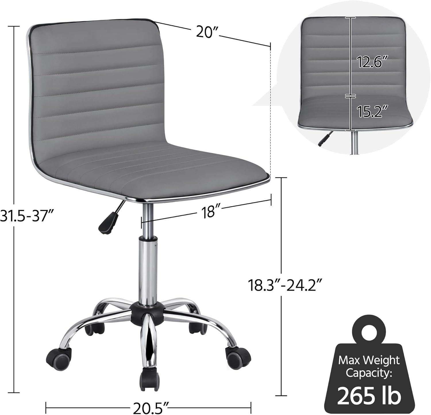 Diagram showing the dimensions of the Yaheetech armless office chair, including height, width, and depth measurements.