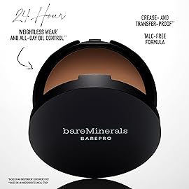 bareMinerals Barepro 24HR Skin-Perfecting Powder Foundation, Matte Pressed Powder Foundation Full Coverage with Plant-Based Squalene, Oil Control, Vegan - Deep 55 Cool