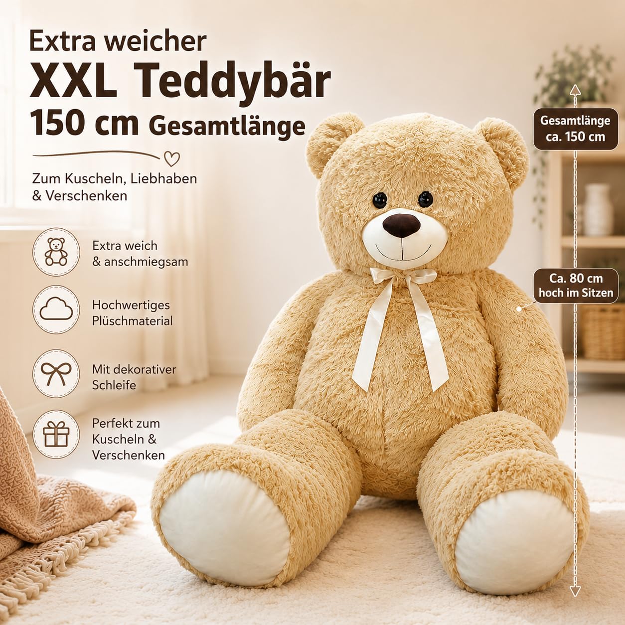 BEMIRO Riesen-Teddybär XXL Plüschtier mit Schleife, 150 cm | Weicher Plüsch, Aufhängeschlaufe, Kunststoffaugen, Zum Kuscheln & Dekorieren, Klassisches Design