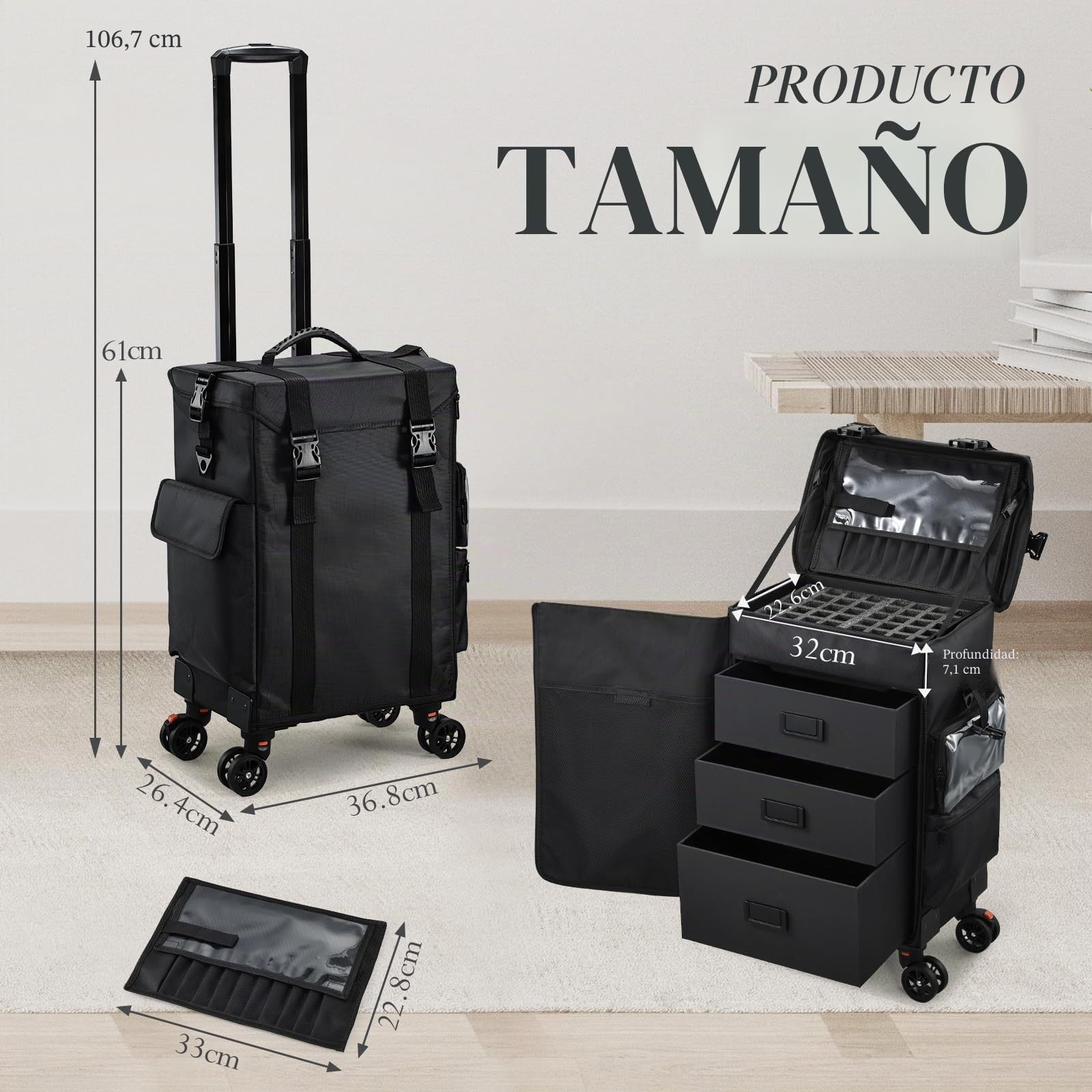 Maleta Maquillaje con Ruedas Maletín de Maquillaje Profesional 4 en 1 Maletin Peluqueria en Tela Oxford Carro de Maquillaje con 3 Cajones Caja Maquillaje, Esteticista y Manicurista, Negro