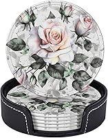 Vista 5 de White Watercolor Floral Rose Print 6 Pcs Round Coasters Leather Waterproof Drink Coasters Mugs Mat Pad with Holder for Living Room Kitchen Bar 3.9