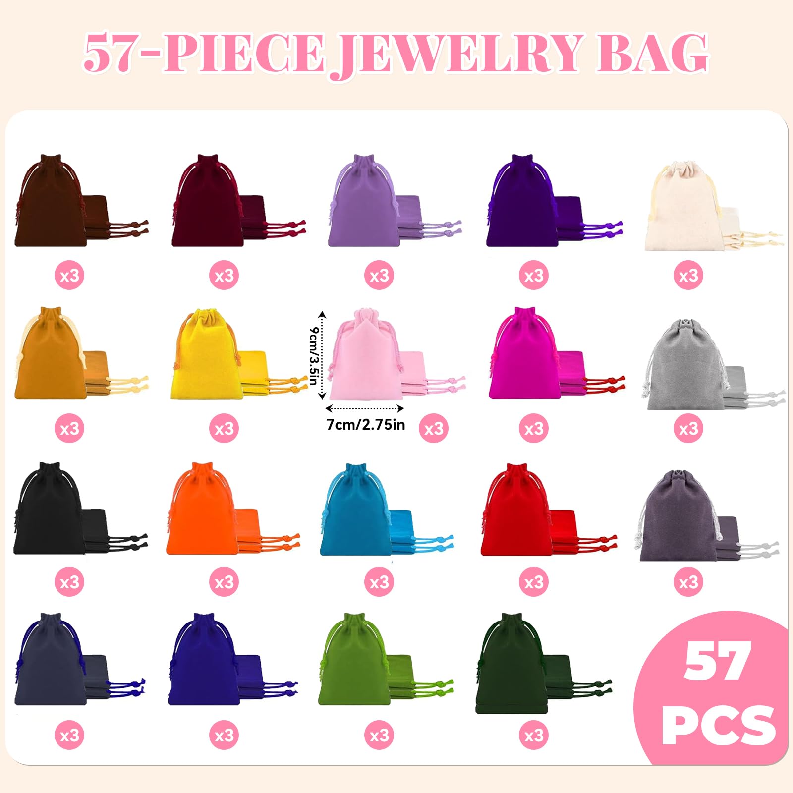 57 Stück Samtsäckchen Klein, 7x9cm Samtbeutel, Stoffbeutel Klein 19 Farben, Schmucksäckchen Samt, Schmuckbeutel Samt, Schmuckbeutel für Verpacken von Schmuck, Ringen, Geschenken