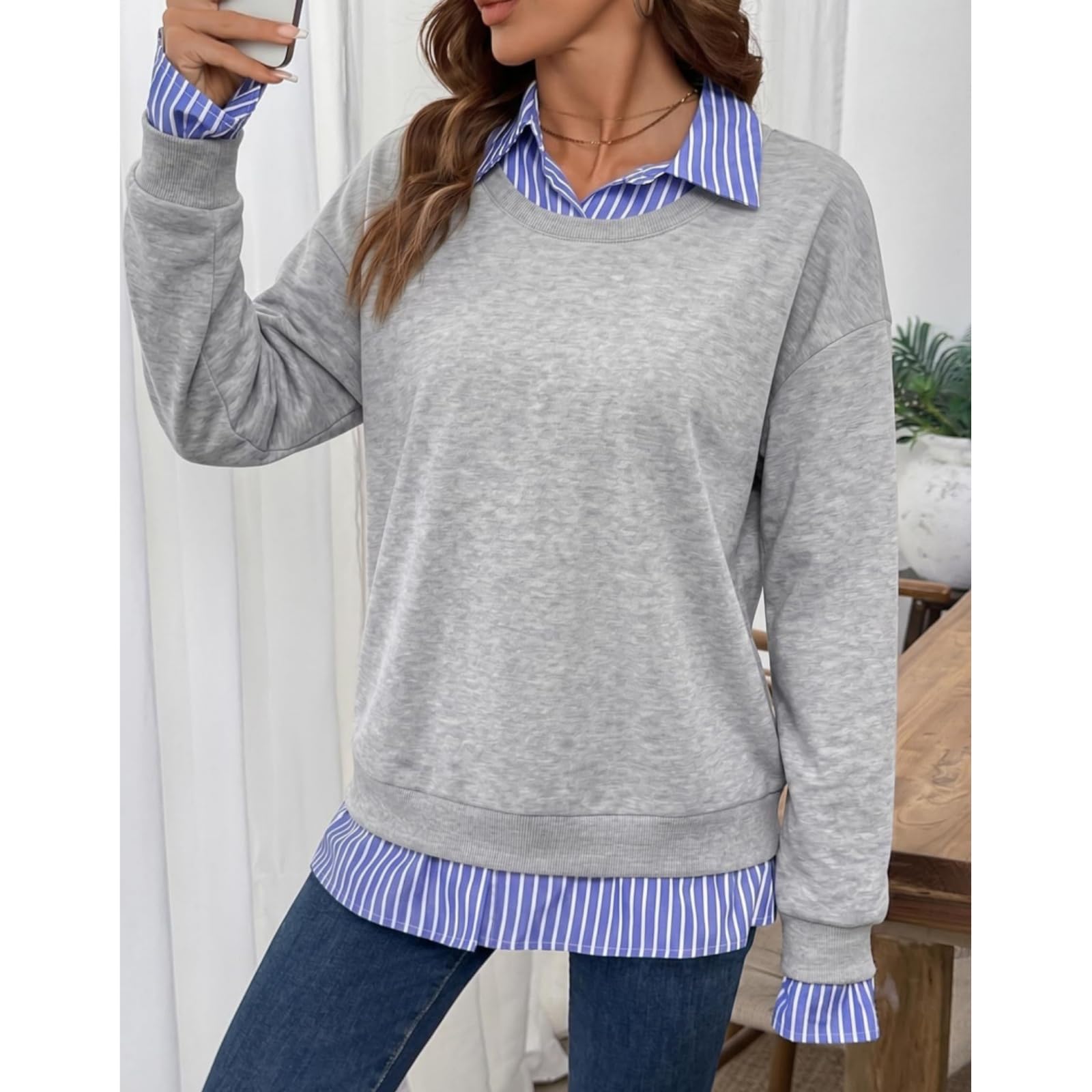 Felpe autunnali da donna – Felpa patchwork a righe con colletto