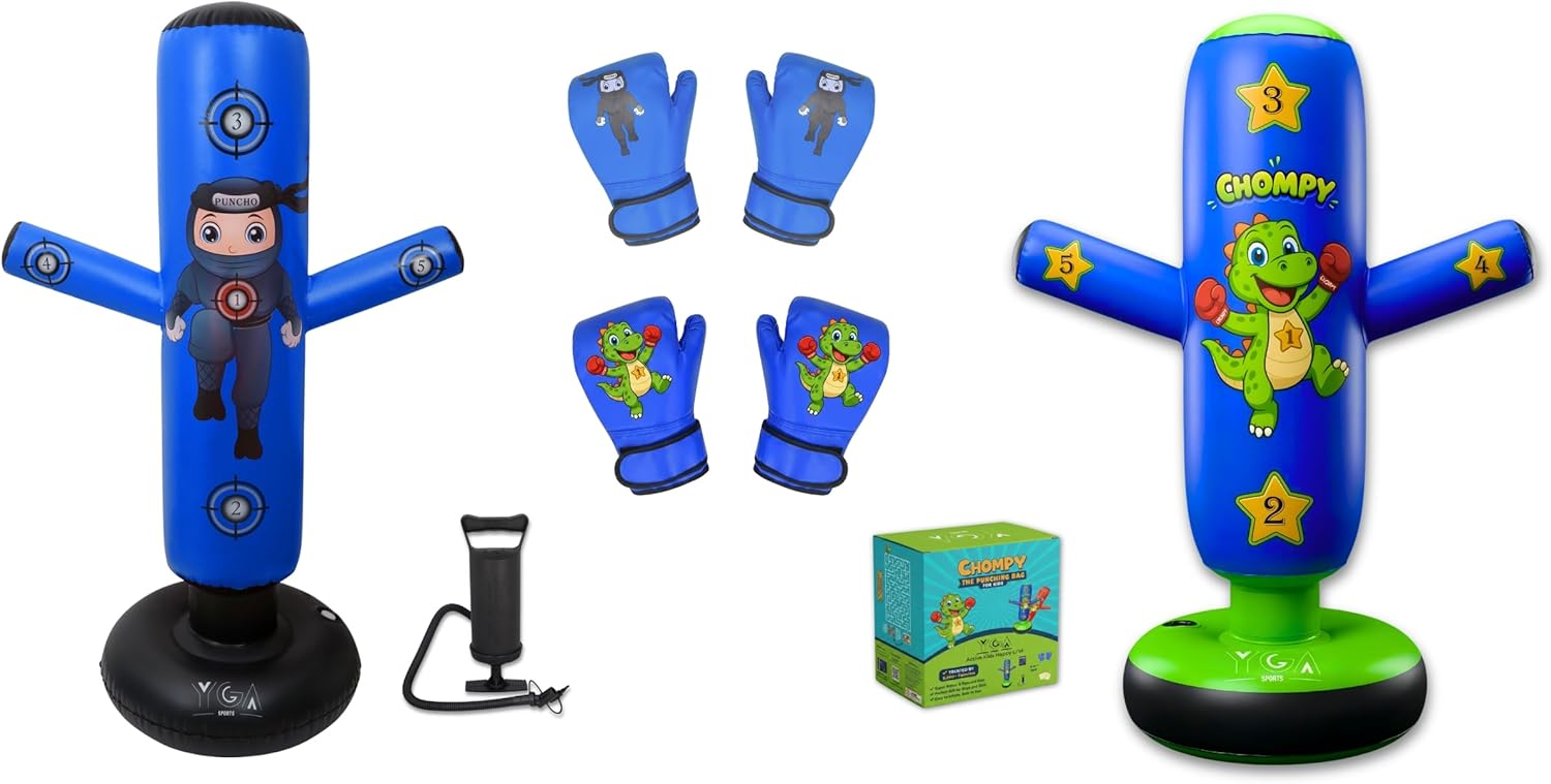 Boxing Sets - 1 CHOMPY Dino (48") + 1 PUNCHO Ninja (63") Punching Bags for Kids - Complete Inflatable Boxing Kit for Ages 3-12 with Gloves, Pumps & Training eBook