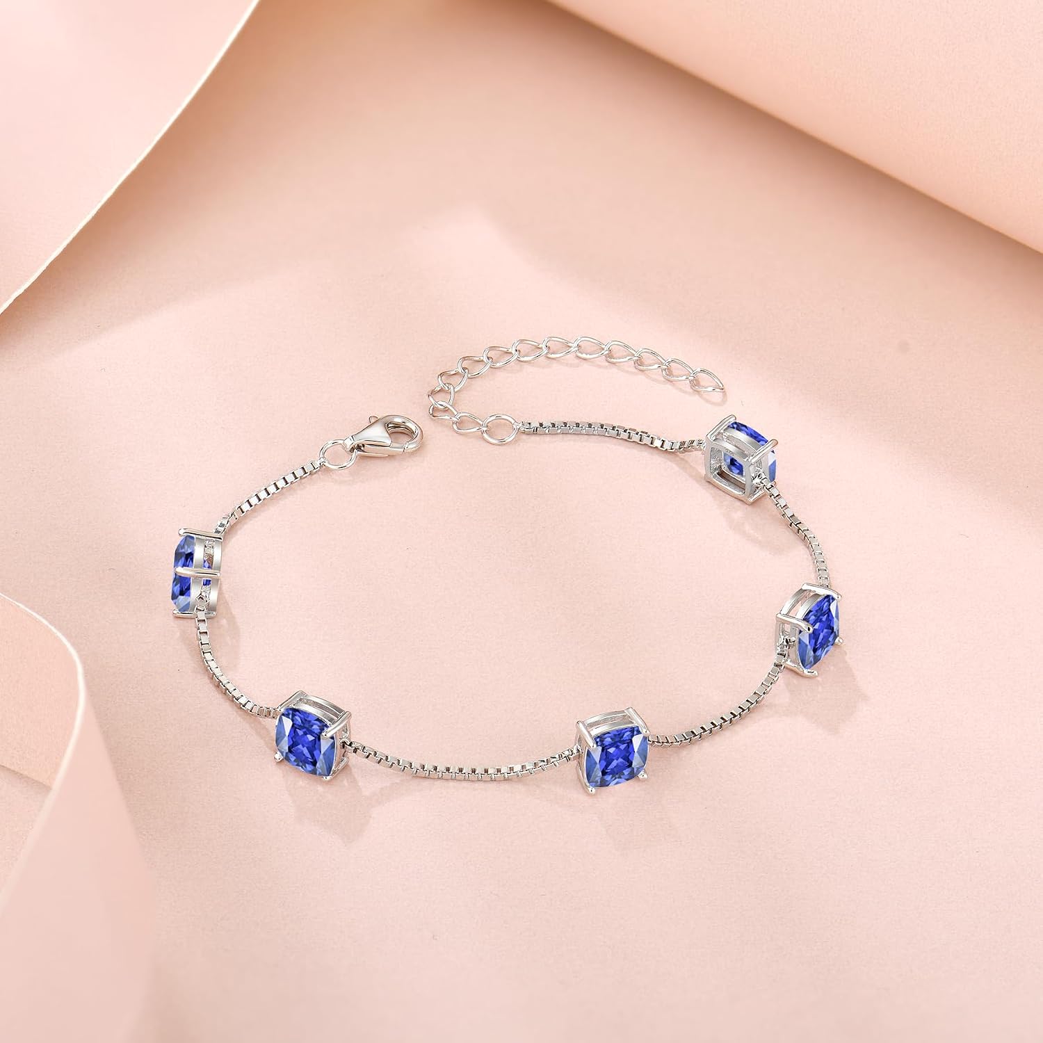 Birthstone Bracelet for Women 925 Sterling Silver Dainty Princess Cut Link Bracelet Jewelry for Mom Wife