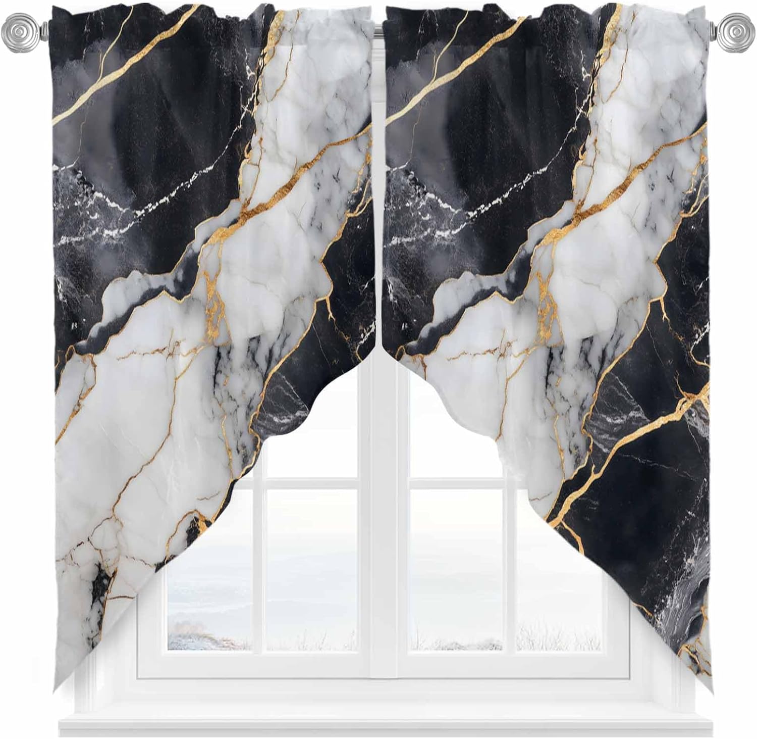 Black Marble Swag Curtain Valances, Gold Line Modern Light-Filtering Swag Valance for Small Window, Short Window Treatments for Kitchen Bedroom, 36"x36", 2PCS