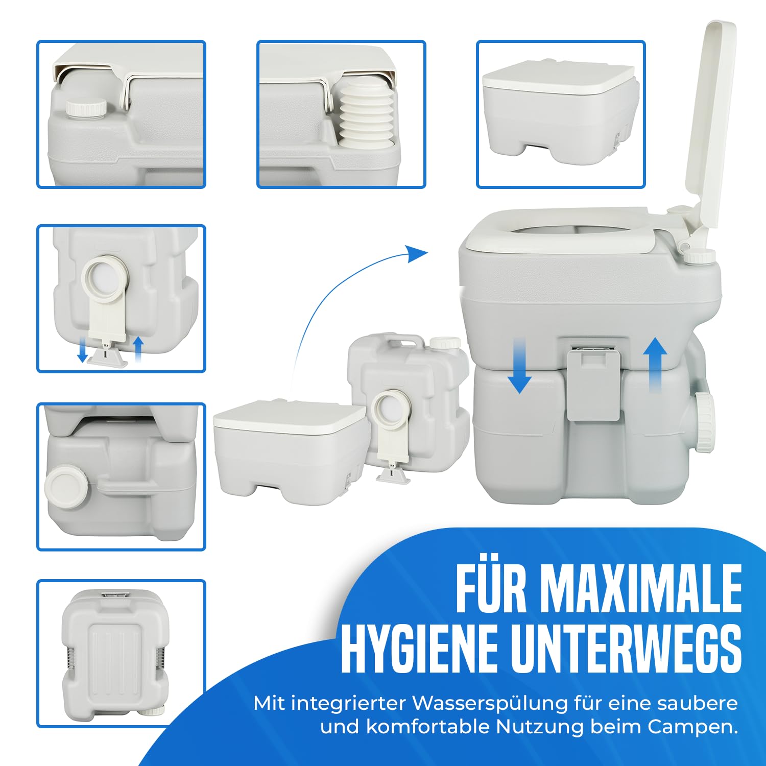 Camping Toilette 20L – Tragbare WC Reise Toilette mit 10L Frischwassertank & 20L Fäkalientank | Angenehme Sitzhöhe, bis 130 kg belastbar | Für Wohnwagen, Camper, Wohnmobil, Garten & Baustelle