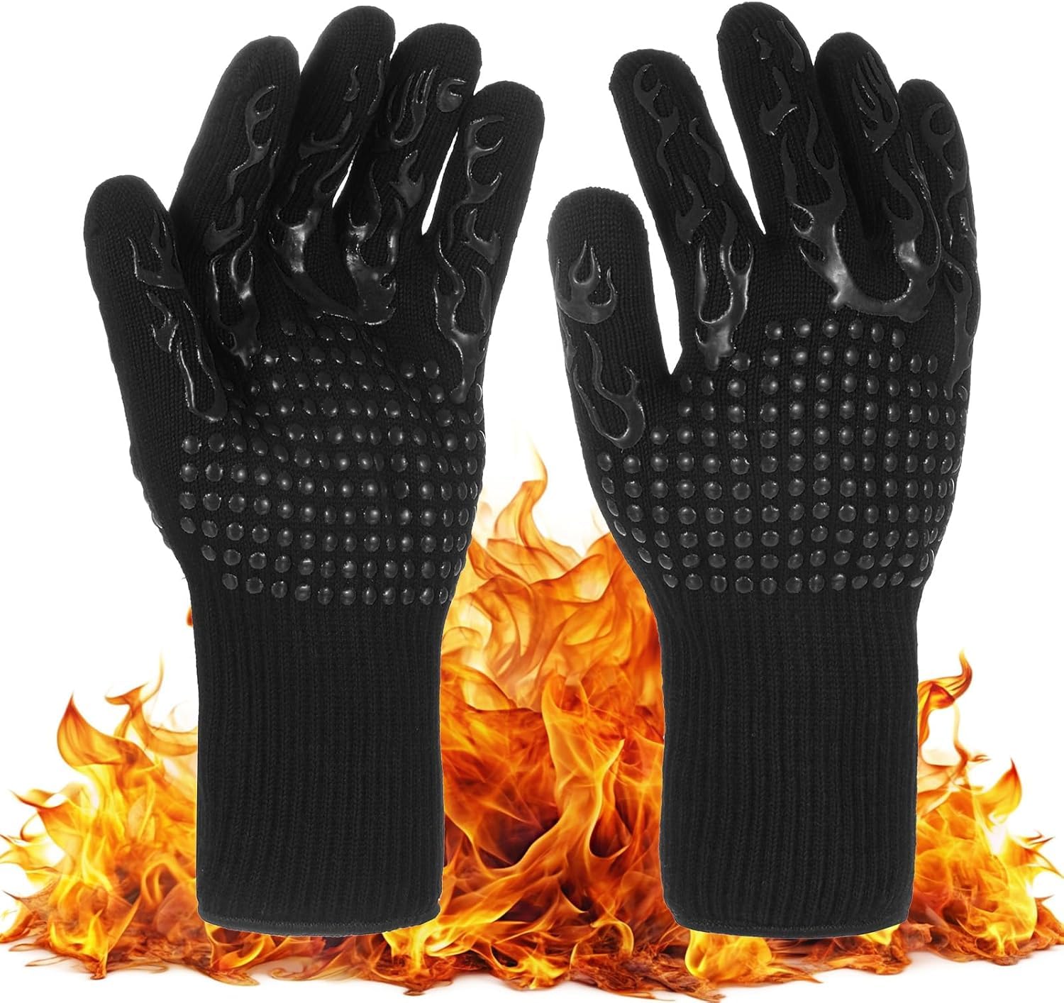 XAXEURLKJ Heat Resistant Bbq Grilling Gloves, 1472°f Silicone Fireproof Mitts For Outdoor Cooking, Barbecue, Baking, Grill Protection [black] Black