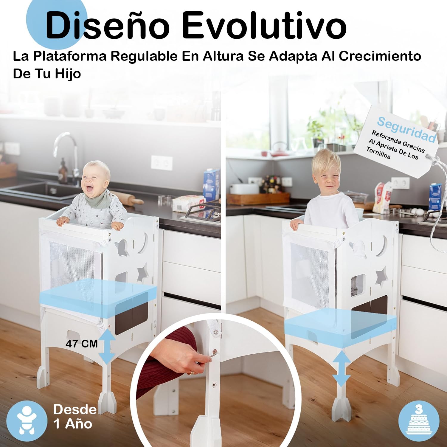 Torre de Aprendizaje Desde 1 año – Torre Plegable con Red de Seguridad de 360° – Learning Tower Extremadamente Estable y Robusta – Entrega preensamblada con protección antivuelco (Blanco)