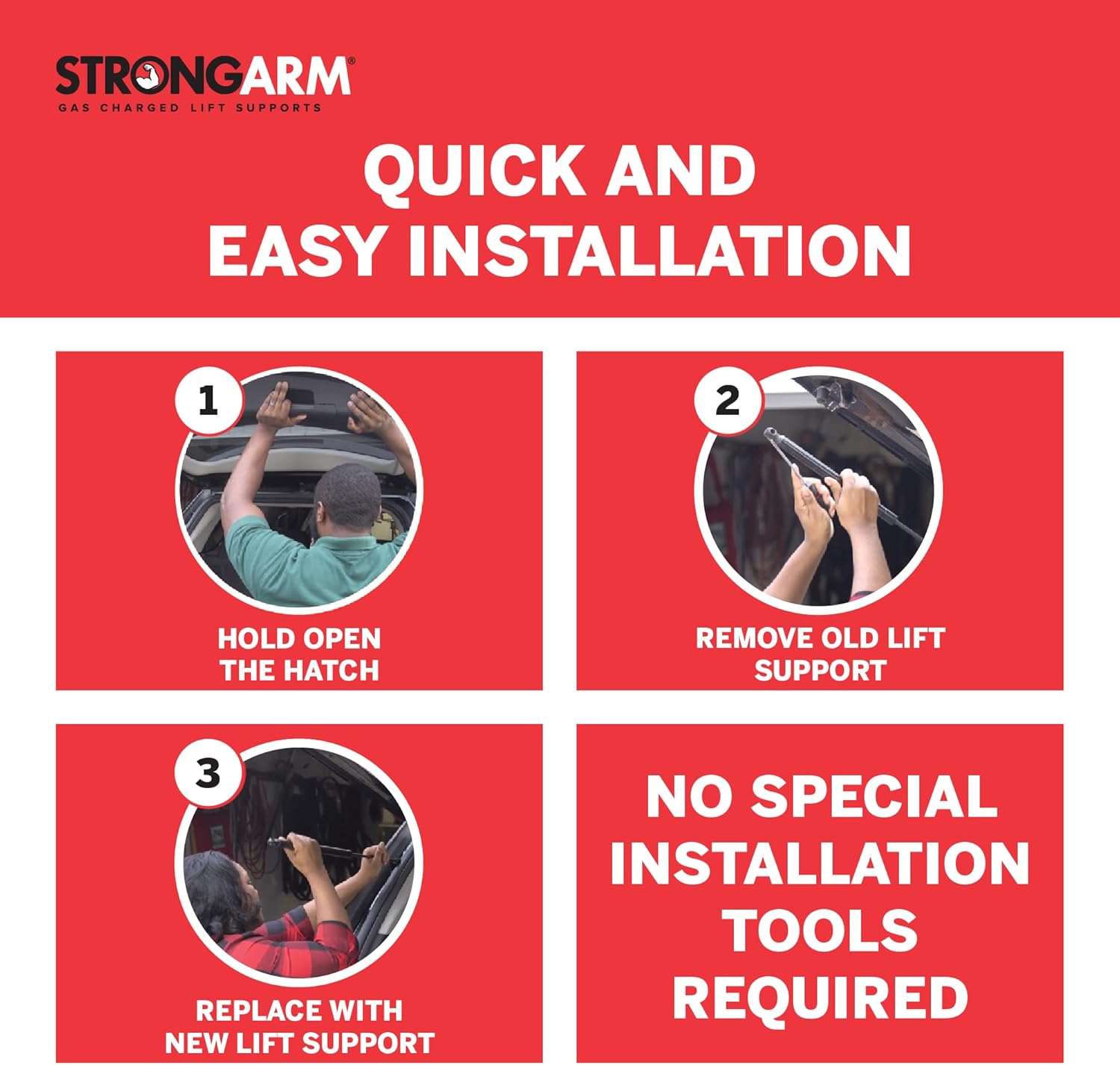 Four-step guide for quick and easy installation of Strongarm lift supports