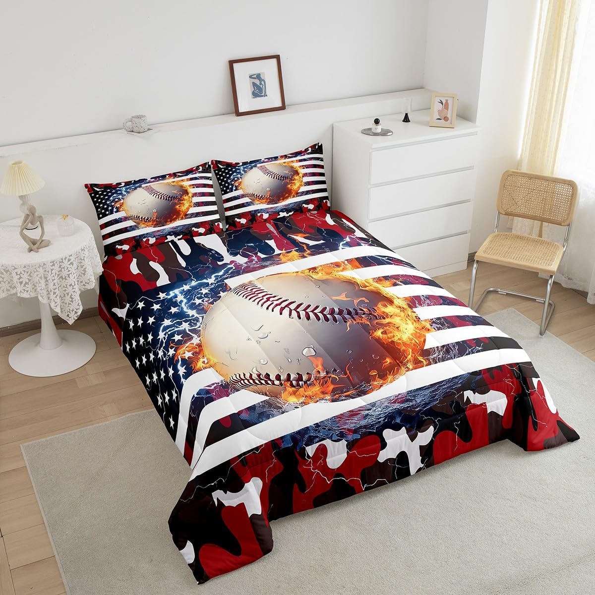 Erosebridal Baseball Comforter Set, Twin Size, Boys American Flag Quilted Duvet Camouflage Bedding for Kids Teens Adult Men, USA Federations Stars Duvet Set, Black and Red Bedroom Decor