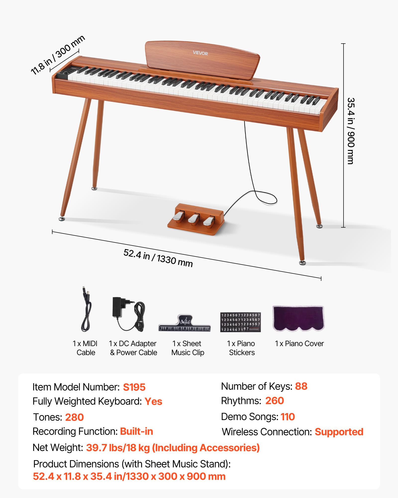 VEVOR Piano Digital de 88 Teclas, con Teclado Dual y Altavoces, con Atril, Pedal Sustain, 280 Tonos, Conexión Inalámbrica, Control Preciso, para Principiantes, Color Madera, 1330 x 300 x 900 mm