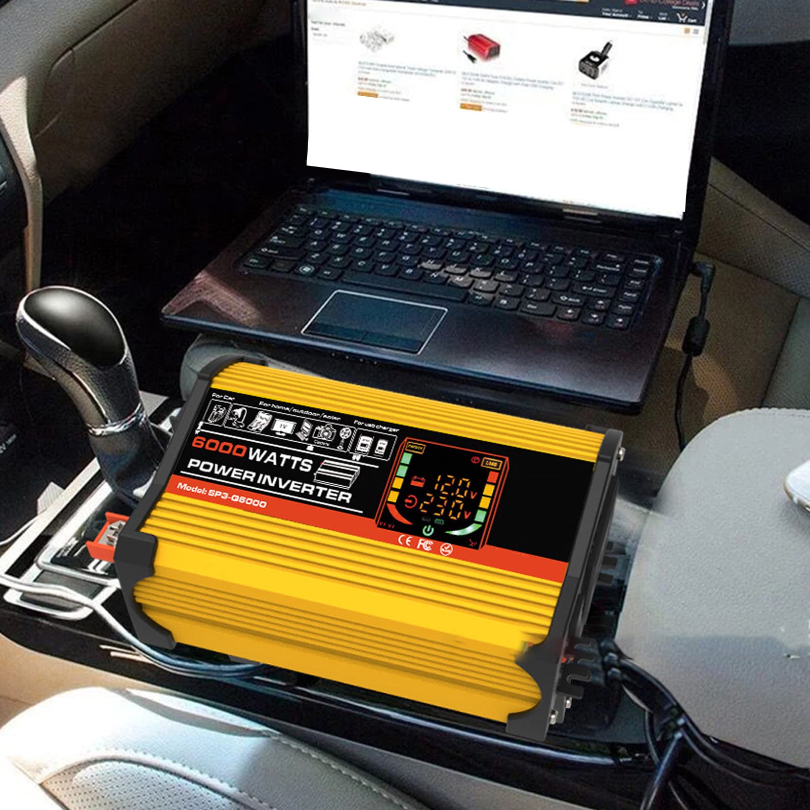 KUIDAMOS Samochodowy Falownik Wydajny Wyświetlacz LCD do Zasilania Awaryjnego Camping Travel Materiał ABS (Żółty)