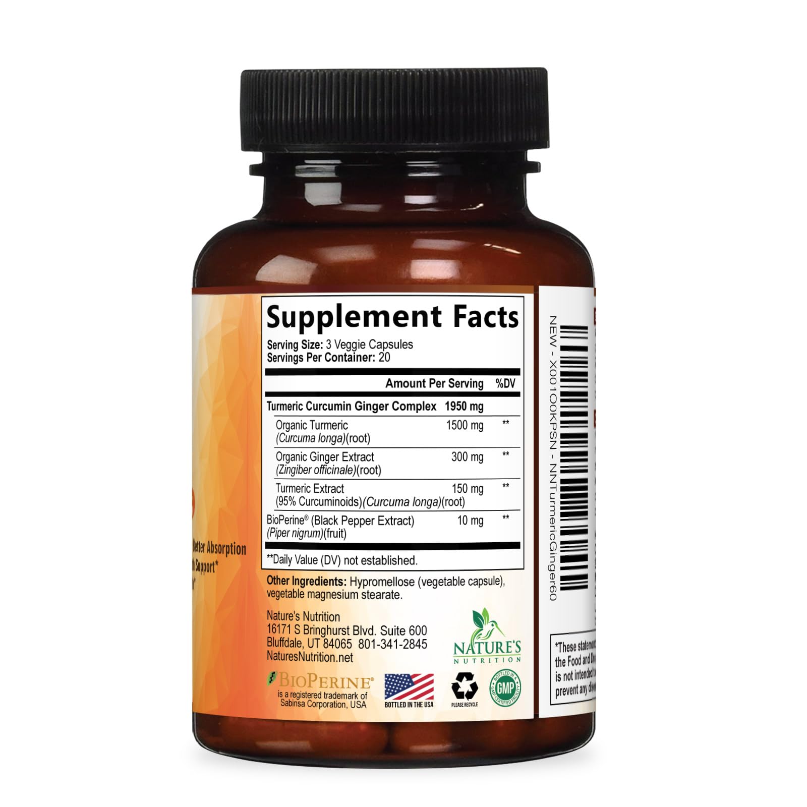 Turmeric Curcumin Supplement - 95% Curcuminoids with Organic Turmeric & Ginger, BioPerine Black Pepper Extract for Best Absorption, Natural Vegan Joint Support, Non-GMO, Bottled in USA - 60 Capsules — Amazon image 8