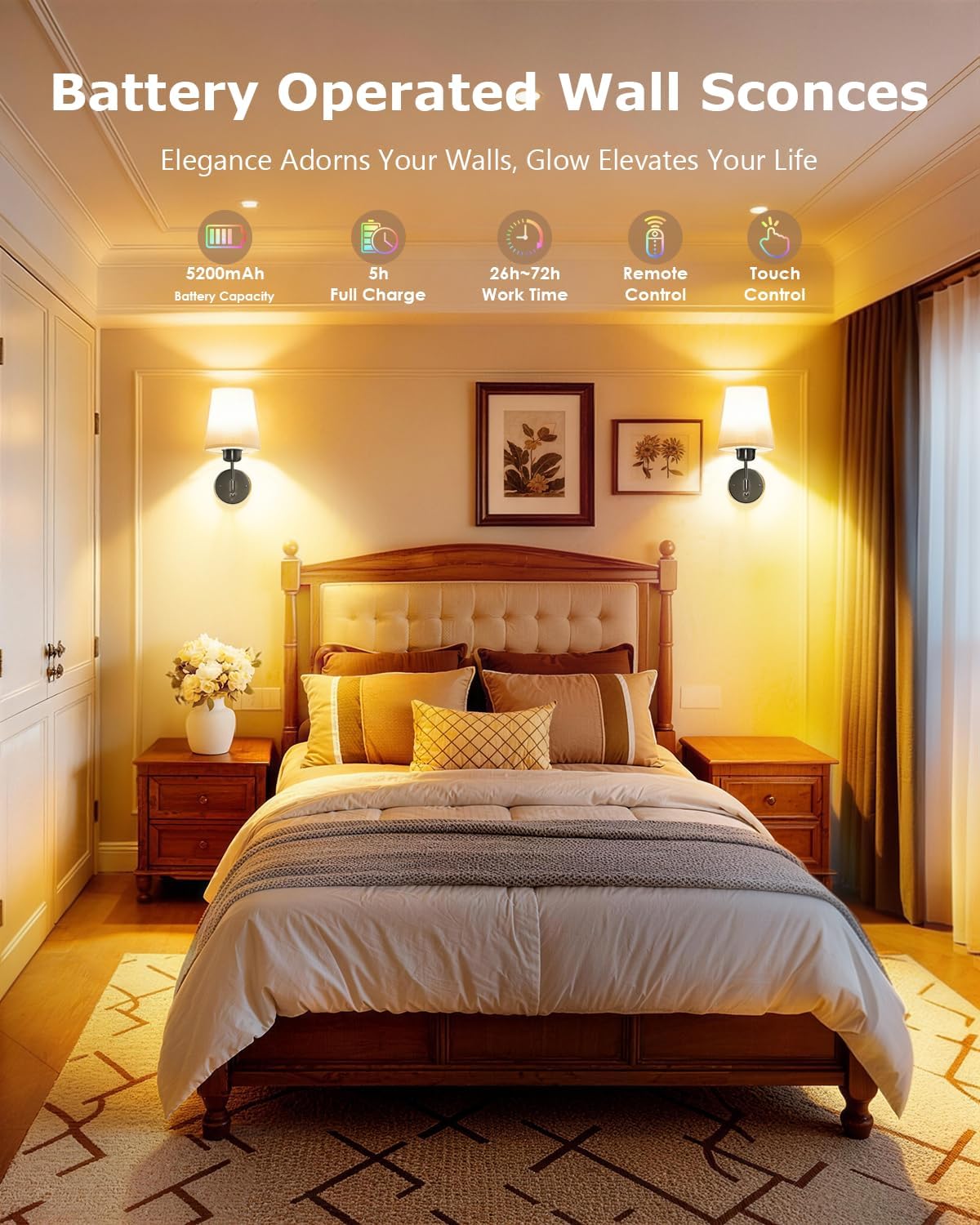 Battery Operated Wall Sconce Set of Two, Wireless Rechargeable Wall Lights with 5200mAh Dimmable Bulbs and Remote,12 RGB Colors Wall Lamp for Bedroom Living Room Hallway