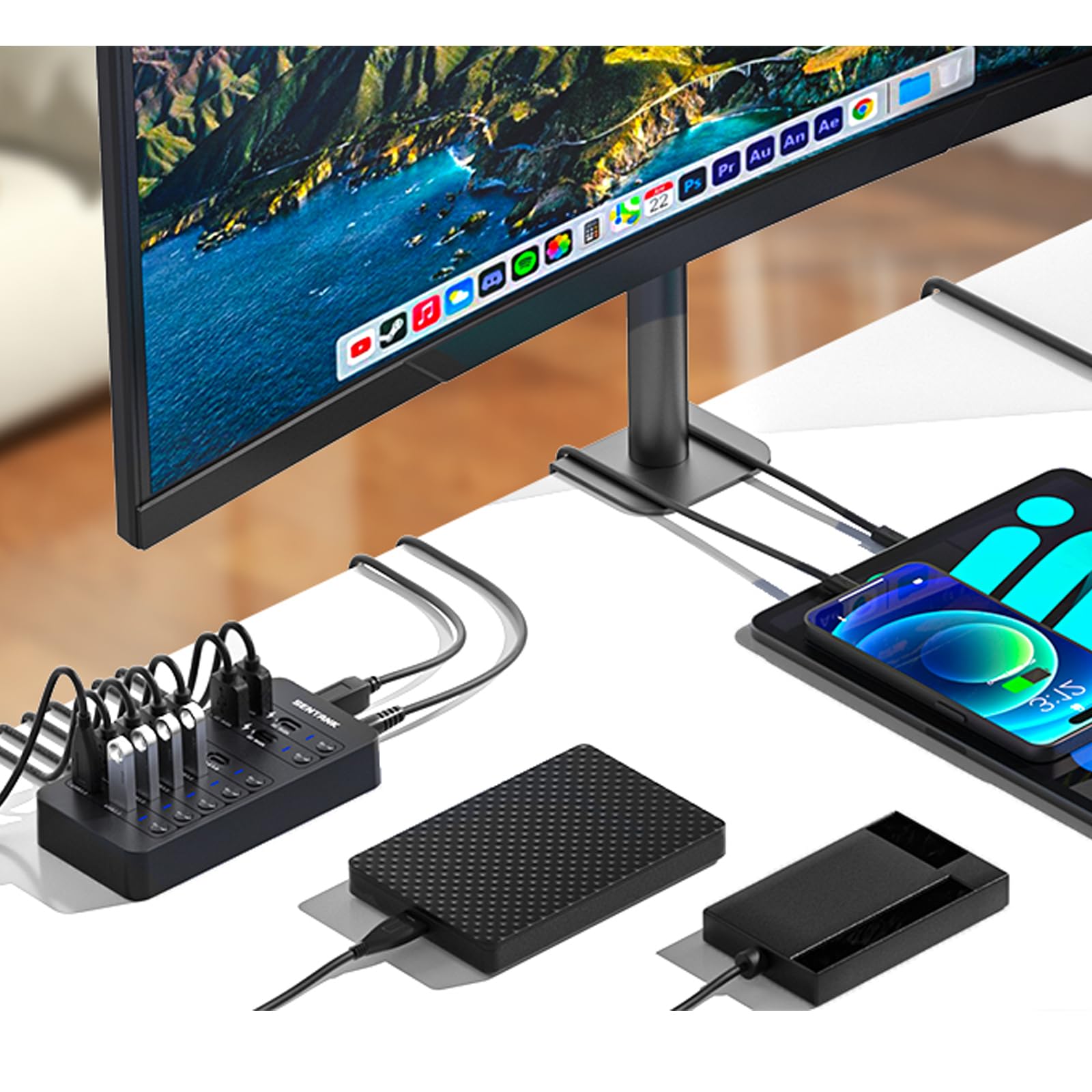 Concentrador USB 3.0 de 14 puertos (6 puertos USB 3.0 de datos + 4 puertos de carga rápida) con interruptor de encendido/apagado LED independiente, con adaptador de corriente de 60 W para