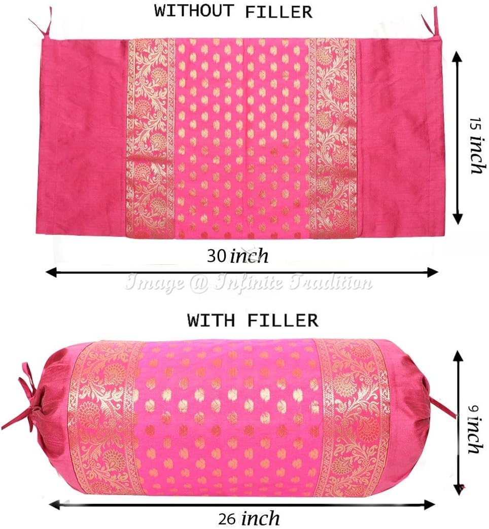 Ethnic Living Room Bolster Tube Pillow Covers Decoative Cylindrical Magenta Yoga Large Couch Round Cushion Cover Jacquard Brocade Silk Small Leaves Throw Pillow Case 76x38cm (30x15 inch) - 2 Pc.
