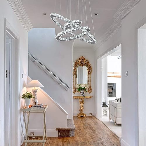 Miniatura 6 de Kai Moderno candelabro de cristal regulable con control remoto, 3 anillos, lámpara colgante de techo LED para comedor, sala de estar, dormitorio,