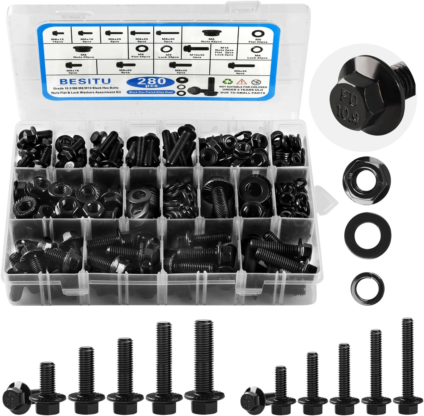 Besitu 280Pcs Metric Flange Bolt Assortment, M6x1.0, M8x1.25, M10x1.5 (12mm to 30mm) Assorted Hex Bolts and Nuts Washers Kit for Automotive, 10.9 Black Zinc Galvanized