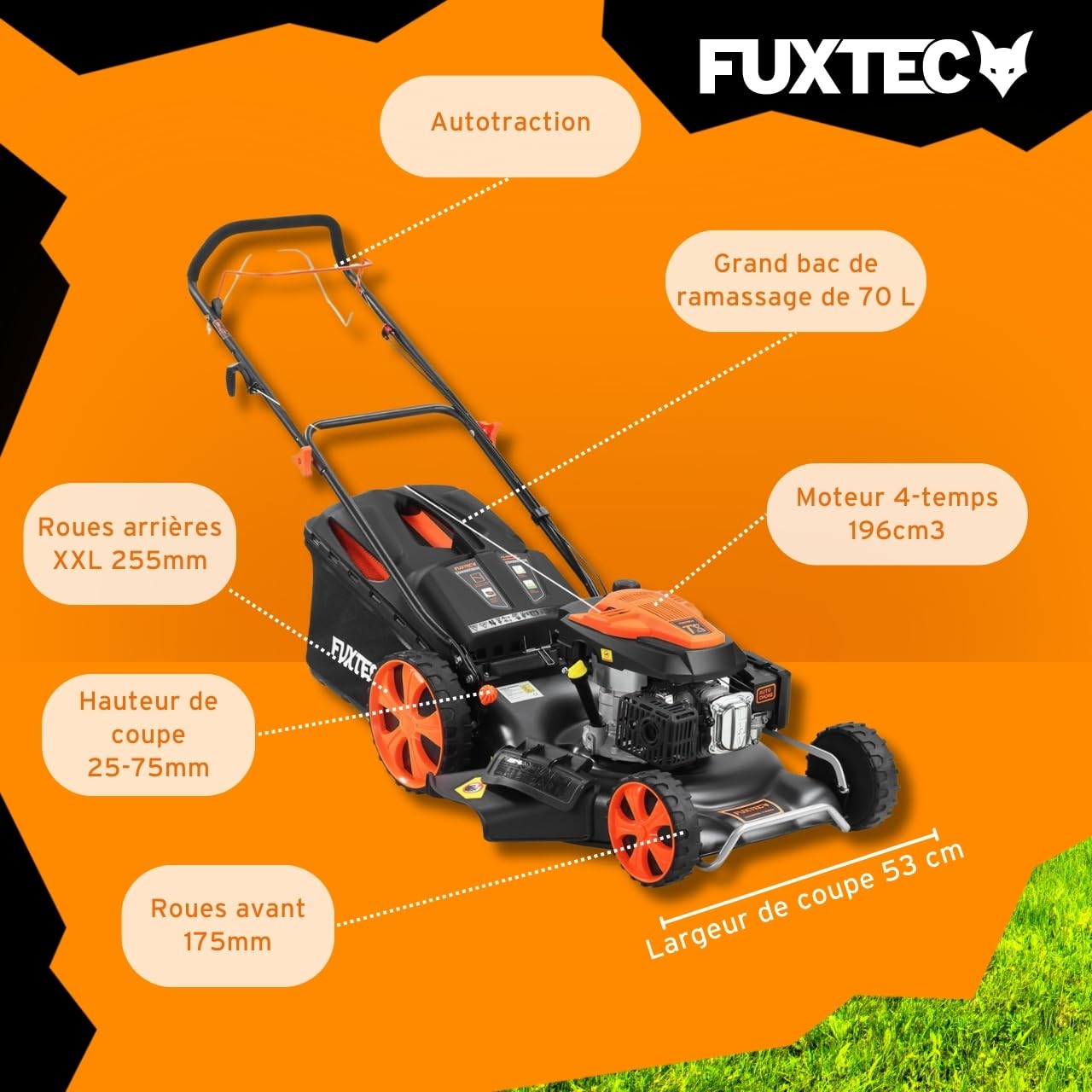 FUXTEC Tondeuse Thermique FX-RM5396 avec Largeur de Travail 53cm autotractée puissante cylindrée 196cm3 Easy Clean 4en1 6CV / 4,4KW Mulching/bac de ramassage 70L